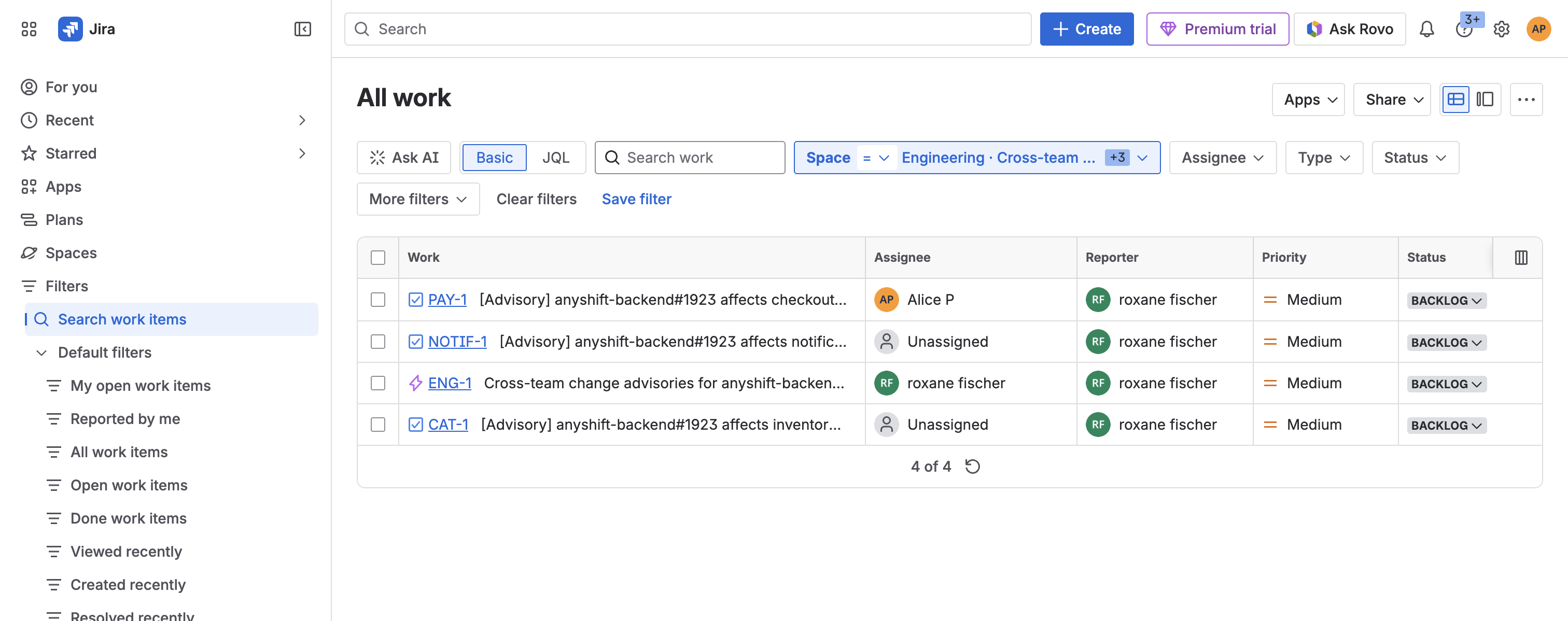 Jira filtered to the same four projects. Four rows now visible: ENG-1 (Cross-team change advisories for anyshift-backend#1923, assigned to roxane fischer), PAY-1 (advisory affecting checkout-service, assigned to roxane fischer), NOTIF-1 (advisory affecting notification-worker, Unassigned), CAT-1 (advisory affecting inventory-sync, Unassigned). All four labeled pr-1923, all in Backlog.
