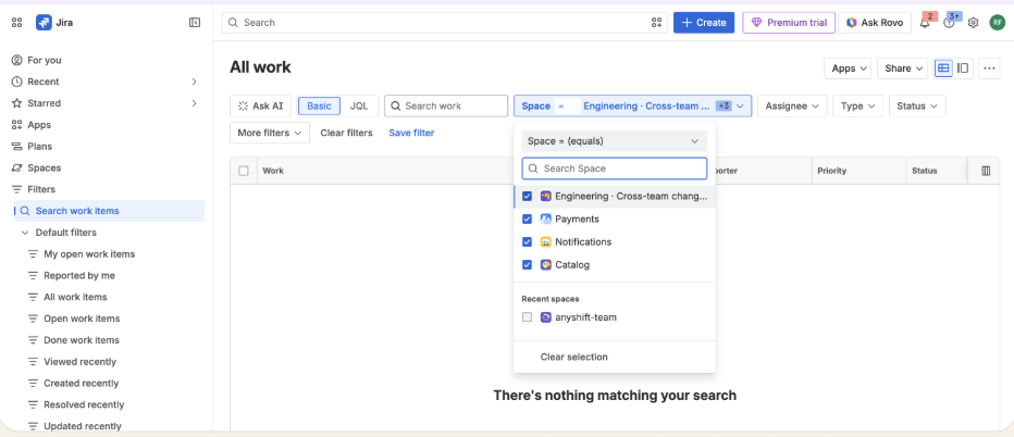 Jira filtered to the four demo projects (Engineering, Payments, Notifications, Catalog). Main pane reads "There's nothing matching your search". The Space filter dropdown is open, showing all four projects checked.