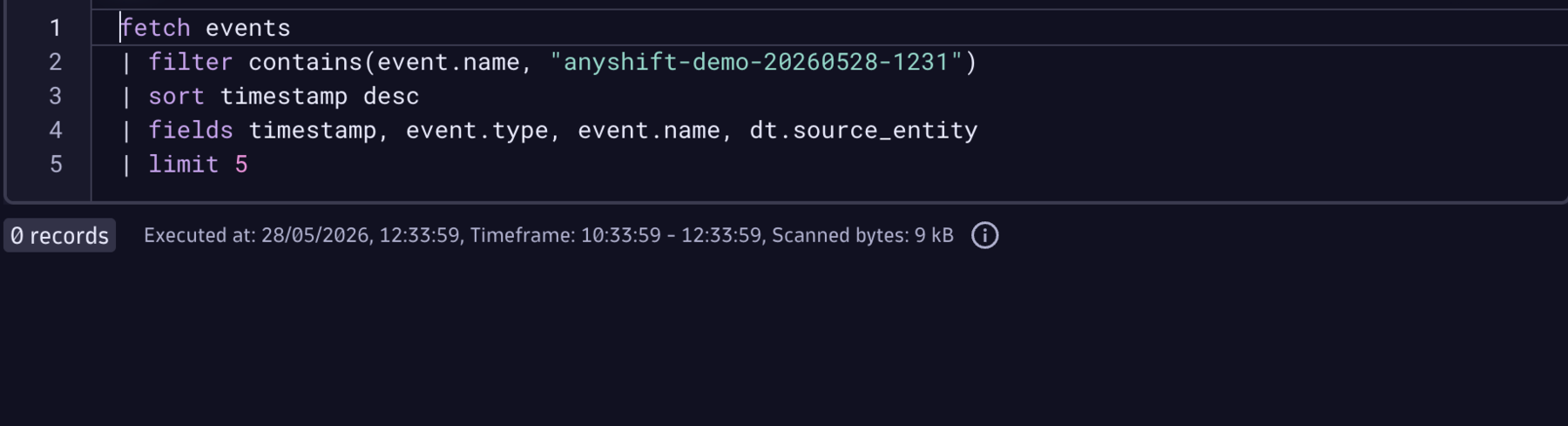 Dynatrace Notebook before the run, showing zero records for the deployment version.