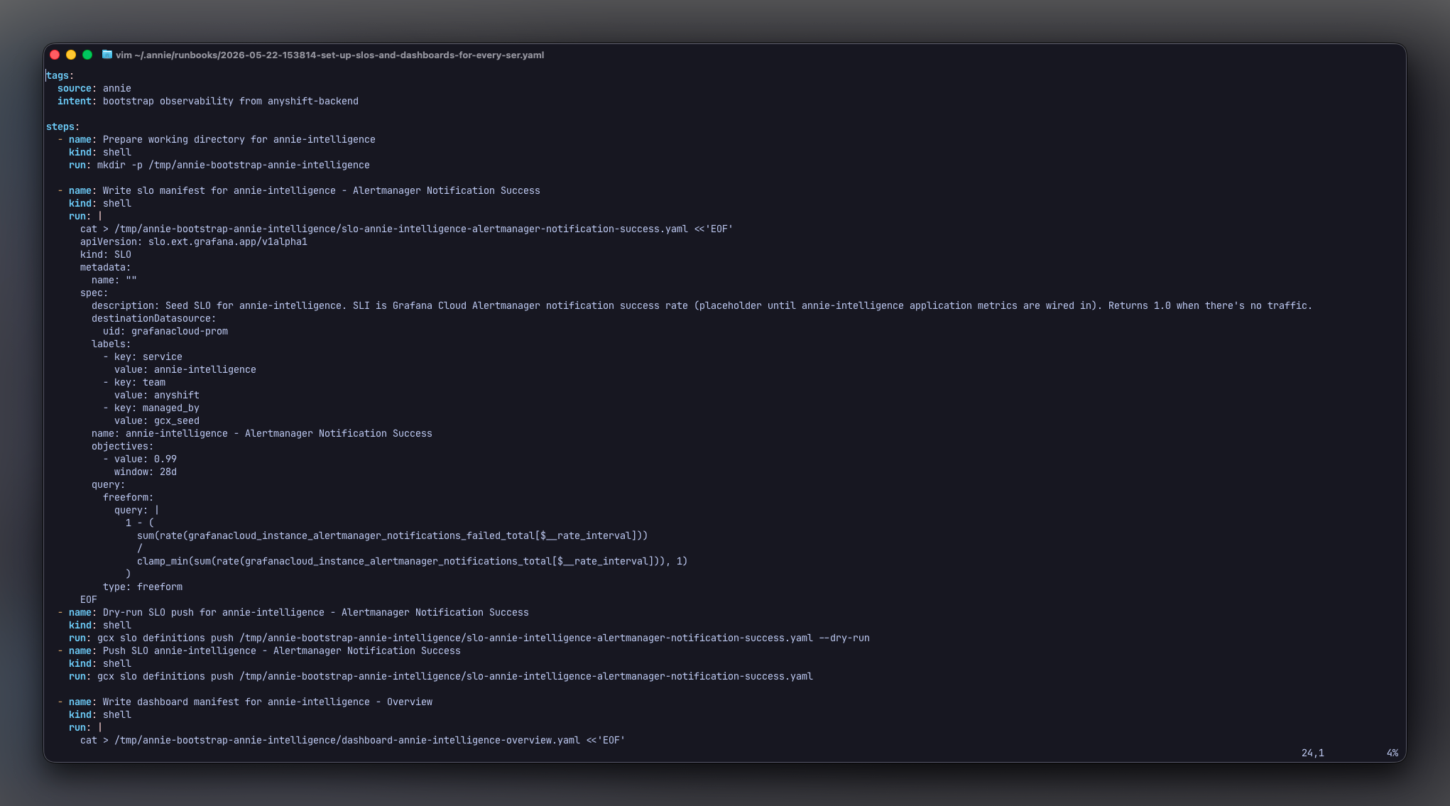 Vim showing the generated runbook YAML: a shell step writes each service's SLO manifest as a heredoc, followed by a gcx slo definitions push --dry-run step and the real push step.