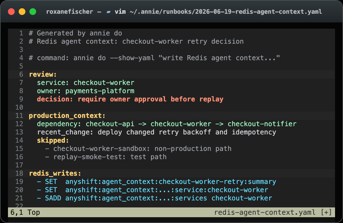 Terminal preview of the Redis annie do runbook in Vim, showing the production review, skipped non-production workers, and Redis context keys written for the agent.