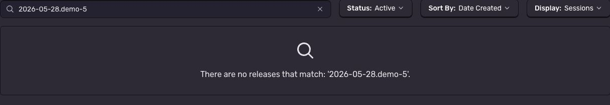 Sentry Releases view before the run, filtered to 2026-05-28.demo-5 with no matching release.