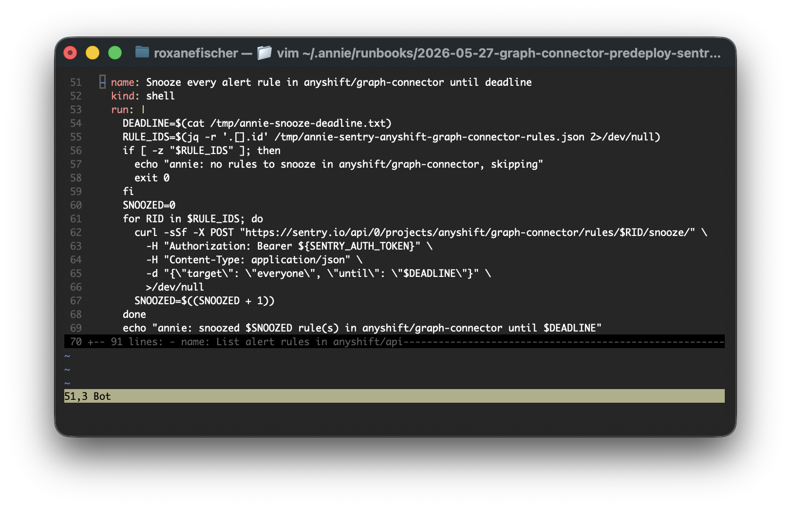 Vim terminal screenshot of the Sentry runbook generated by annie do. The YAML reads rule IDs from the current graph-connector alert-rule file, sets a quiet window in Sentry, and folds the remaining projects below.