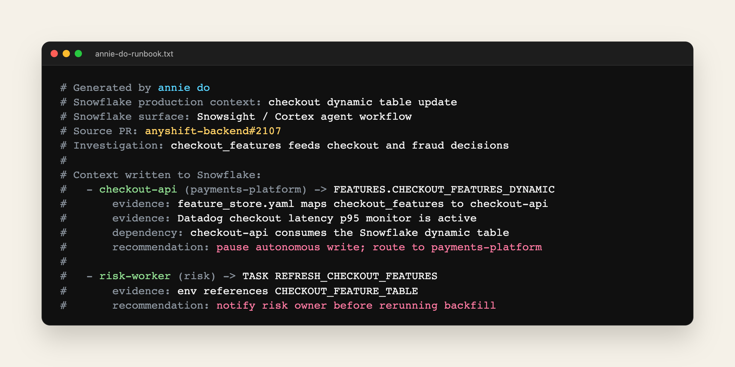 Terminal screenshot showing Anyshift's production impact summary for Snowflake, including checkout-api and risk-worker evidence.