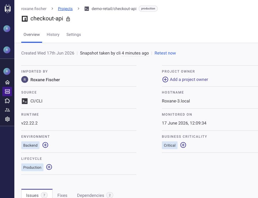 Snyk project overview for checkout-api, imported by CI/CLI with production, Backend, Critical, and Production attributes.