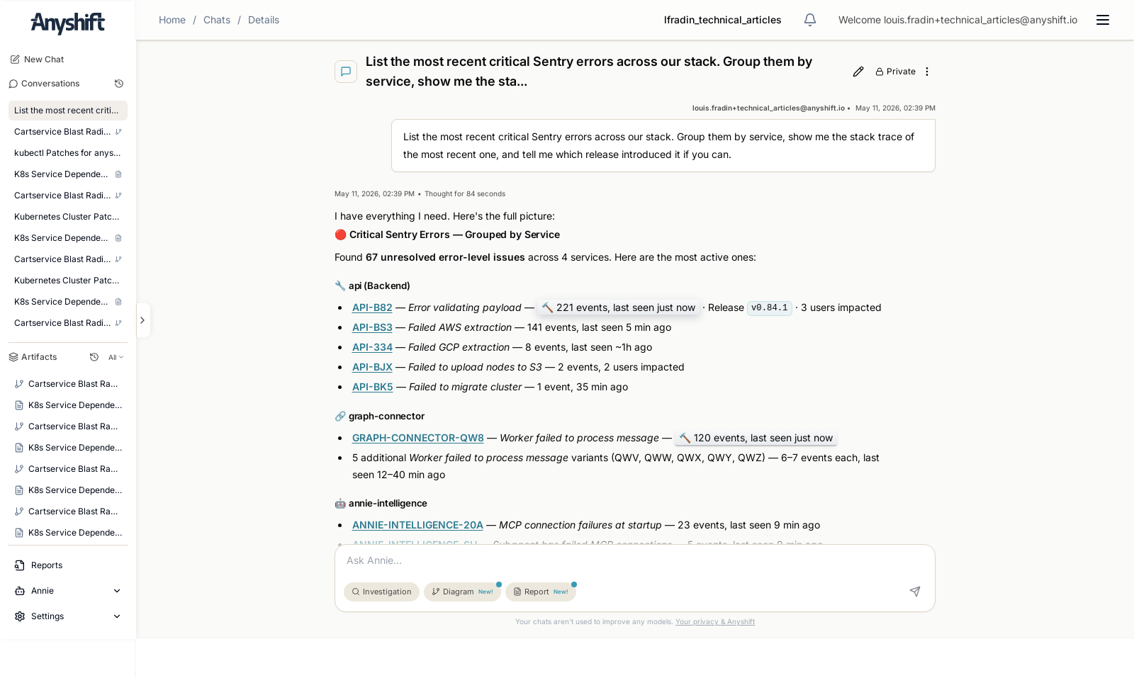 Annie's answer in the Anyshift app: 67 unresolved issues grouped by service, with the most recent issue expanded