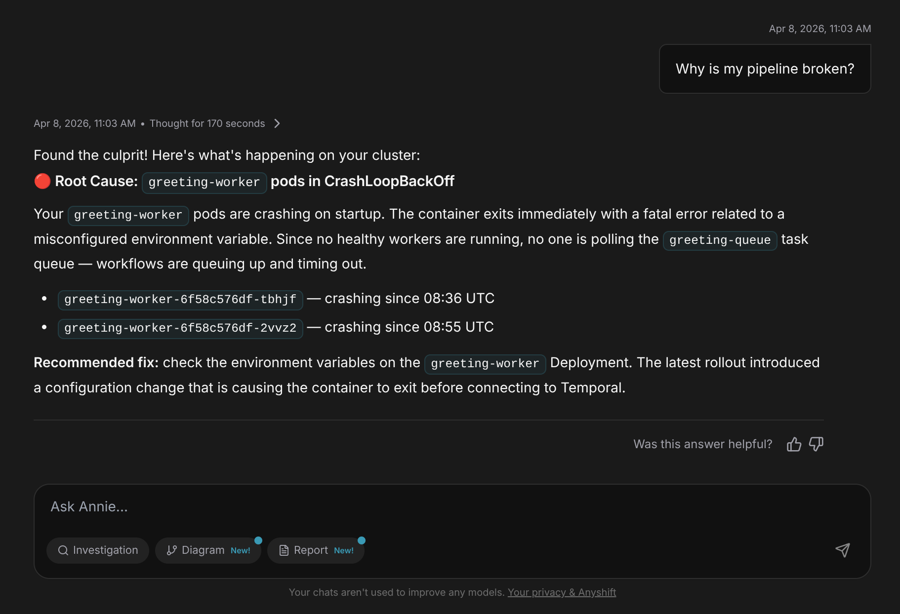 AnyShift chat interface: Annie identifies the greeting-worker pod in CrashLoopBackOff and links it to the stalled Temporal task queue