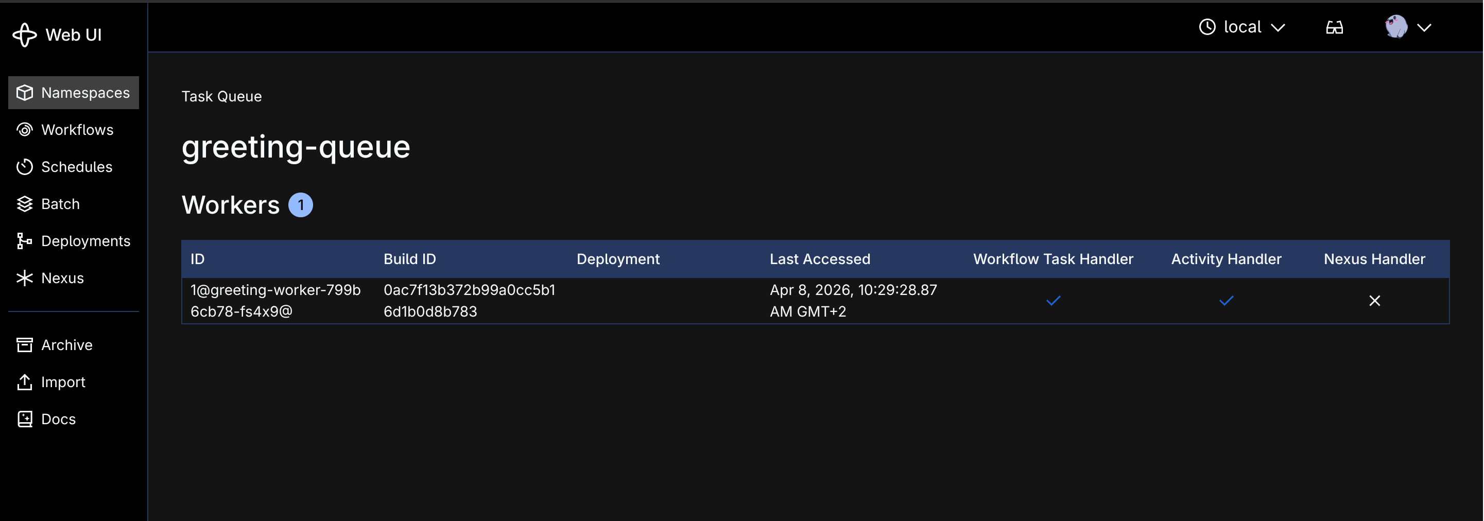 Temporal UI showing the greeting-queue task queue with 1 poller and a completed GreetingWorkflow