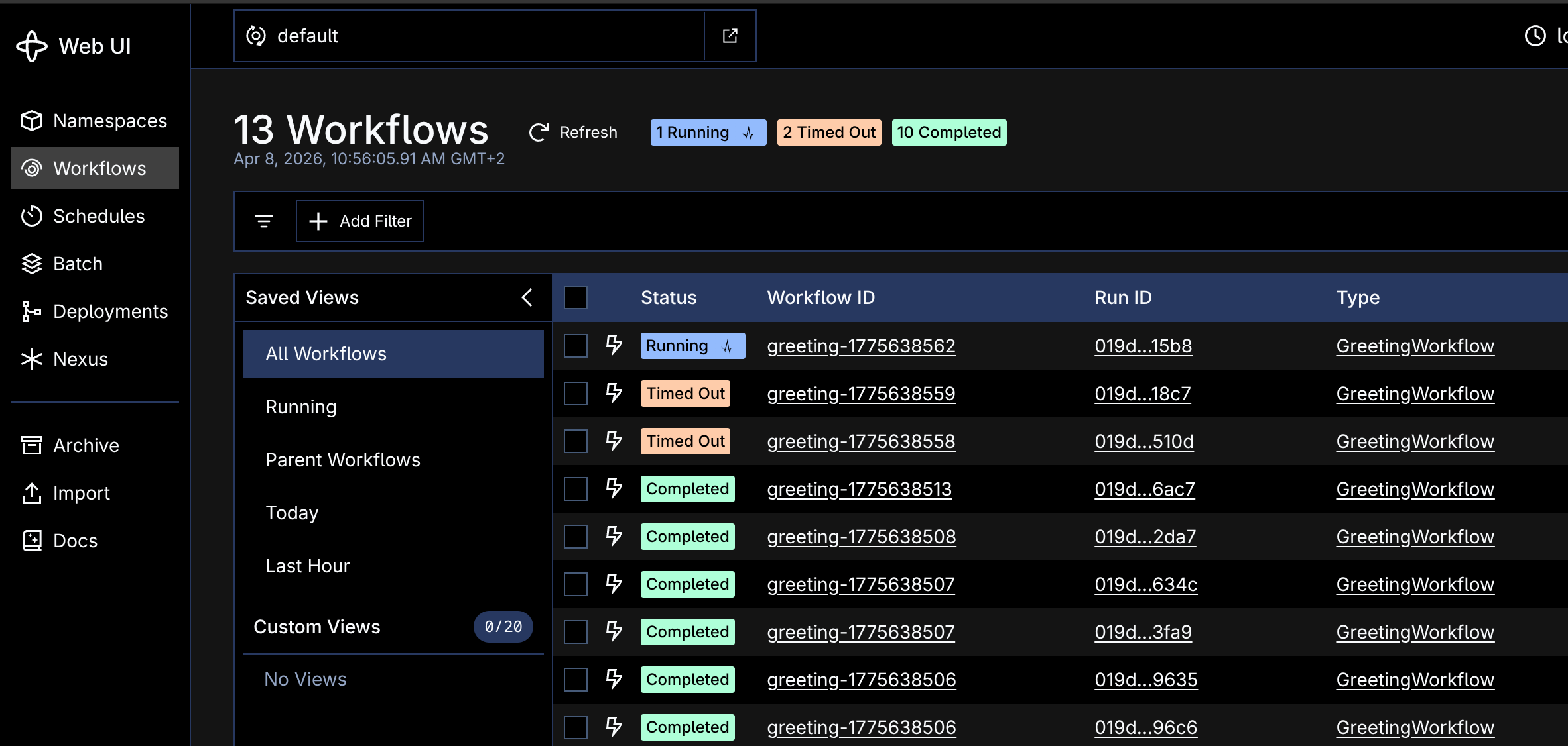 Temporal UI showing a workflow that timed out, the task was scheduled but no worker picked it up