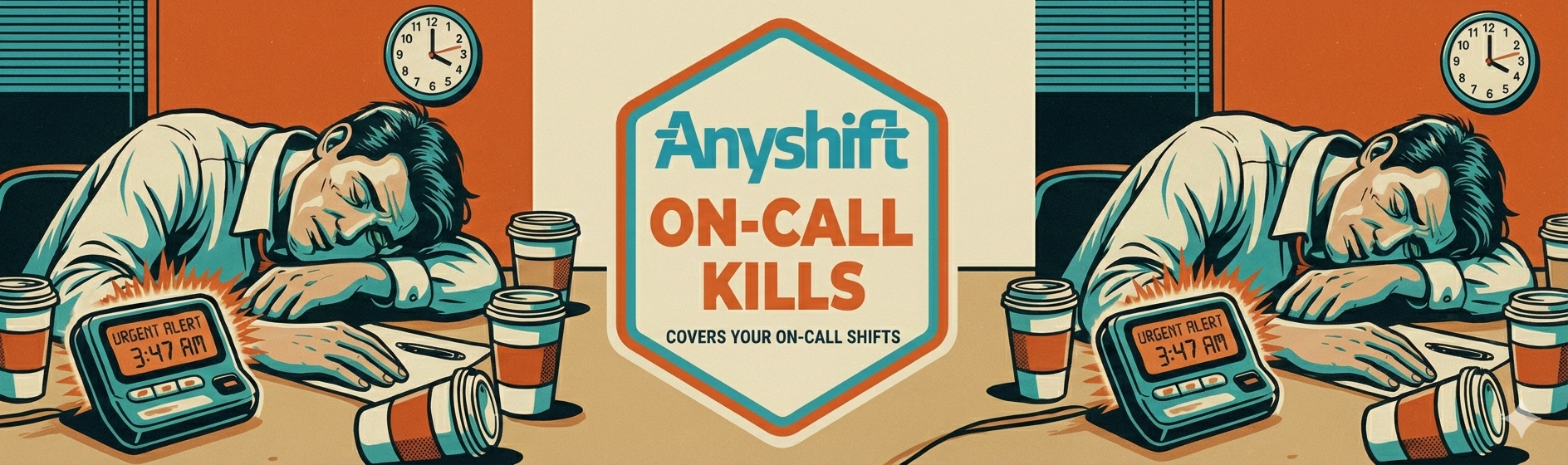 Anyshift — On-Call Kills. Retro illustration of exhausted engineers slumped over desks at 3:47 AM, surrounded by coffee cups and buzzing pagers.