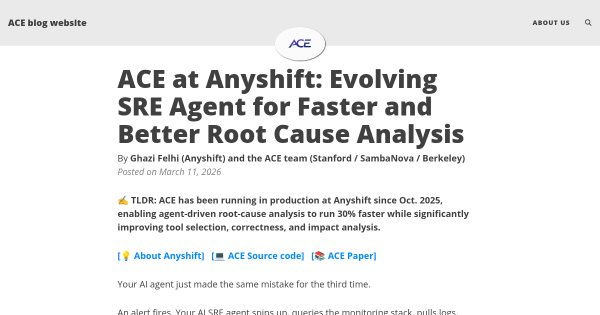 ACE at Anyshift case study on the ACE Project blog, co-authored by Ghazi Felhi (Anyshift) and the ACE team from Stanford, SambaNova, and UC Berkeley (March 2026).