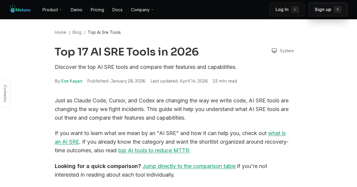 Top 17 AI SRE Tools in 2026 roundup by Ece Kayan on Metoro's blog, featuring Anyshift at #10 (last updated April 2026).